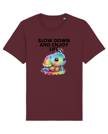 Broasca testoasa pictata in acuarela cu mesajul  Slow Down and Enjoy Life Burgundy