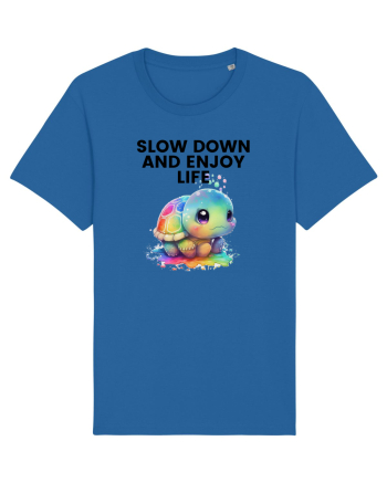 Broasca testoasa pictata in acuarela cu mesajul  Slow Down and Enjoy Life Royal Blue