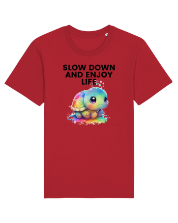 Broasca testoasa pictata in acuarela cu mesajul  Slow Down and Enjoy Life Red
