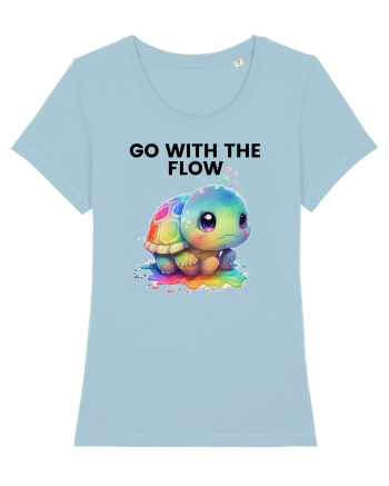 Broasca testoasa pictata in acuarela cu mesajul  Go with the Flow Sky Blue