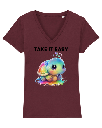 Broasca testoasa pictata in acuarela cu mesajul  Take it Easy Burgundy