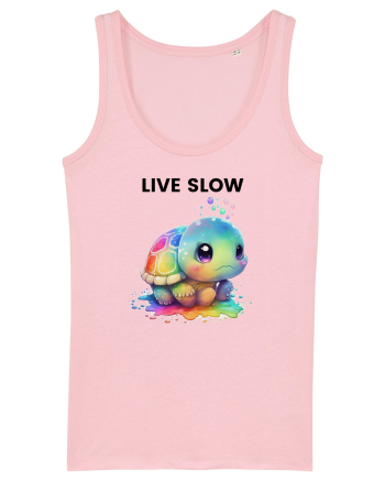Broasca testoasa pictata in acuarela cu mesajul Live Slow Cotton Pink
