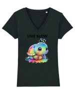 Broasca testoasa pictata in acuarela cu mesajul Live Slow Tricou mânecă scurtă guler V Damă Evoker