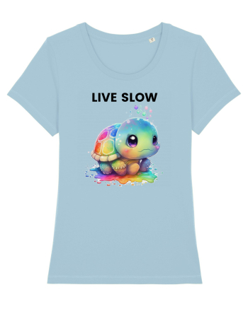 Broasca testoasa pictata in acuarela cu mesajul Live Slow Sky Blue