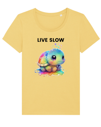 Broasca testoasa pictata in acuarela cu mesajul Live Slow Jojoba
