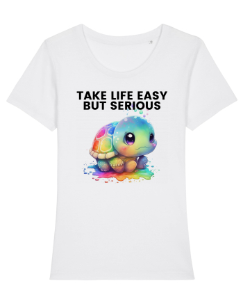 Broasca testoasa pictata in acuarela cu mesajul Take Life Easy but Serious White