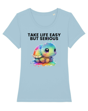 Broasca testoasa pictata in acuarela cu mesajul Take Life Easy but Serious Sky Blue