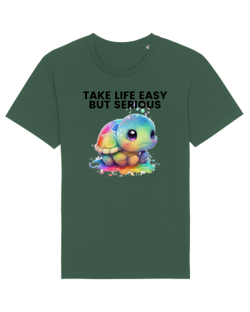 Broasca testoasa pictata in acuarela cu mesajul Take Life Easy but Serious Bottle Green