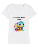 Broasca testoasa pictata in acuarela cu mesajul Catch Me If You Can Tricou mânecă scurtă guler V Damă Evoker
