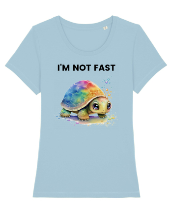 Broasca testoasa pictata in acuarela cu mesajul I'm not fast Sky Blue
