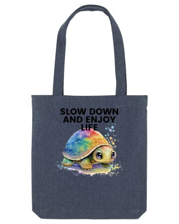Broasca testoasa pictata in acuarela cu mesajul  Slow Down and Enjoy Life Midnight Blue
