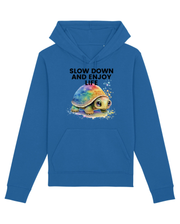 Broasca testoasa pictata in acuarela cu mesajul  Slow Down and Enjoy Life Royal Blue