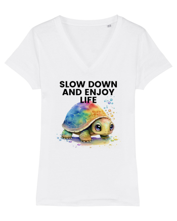 Broasca testoasa pictata in acuarela cu mesajul  Slow Down and Enjoy Life White
