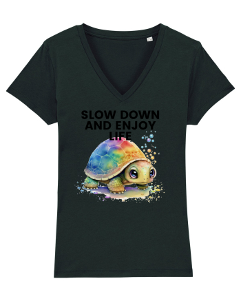 Broasca testoasa pictata in acuarela cu mesajul  Slow Down and Enjoy Life Black