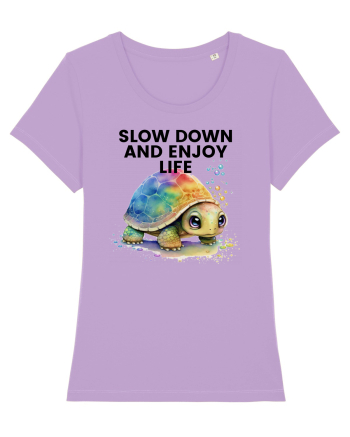 Broasca testoasa pictata in acuarela cu mesajul  Slow Down and Enjoy Life Lavender Dawn
