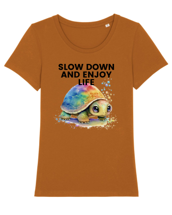 Broasca testoasa pictata in acuarela cu mesajul  Slow Down and Enjoy Life Roasted Orange