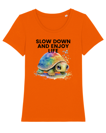 Broasca testoasa pictata in acuarela cu mesajul  Slow Down and Enjoy Life Bright Orange