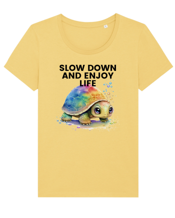 Broasca testoasa pictata in acuarela cu mesajul  Slow Down and Enjoy Life Jojoba