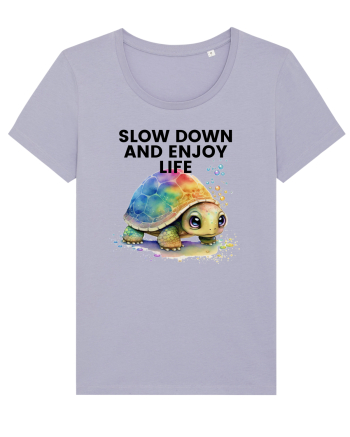 Broasca testoasa pictata in acuarela cu mesajul  Slow Down and Enjoy Life Lavender