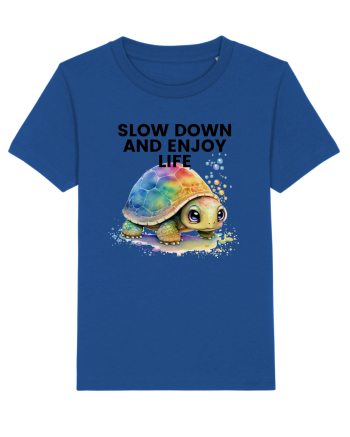 Broasca testoasa pictata in acuarela cu mesajul  Slow Down and Enjoy Life Majorelle Blue