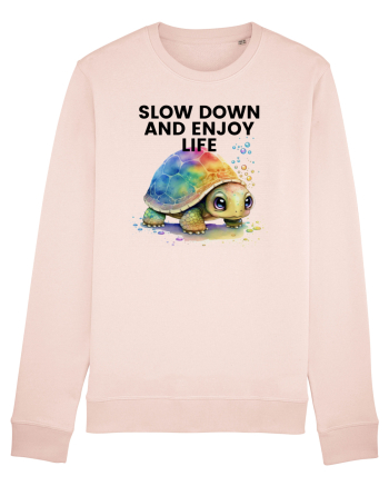 Broasca testoasa pictata in acuarela cu mesajul  Slow Down and Enjoy Life Candy Pink