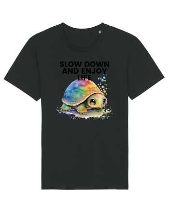 Broasca testoasa pictata in acuarela cu mesajul  Slow Down and Enjoy Life Black