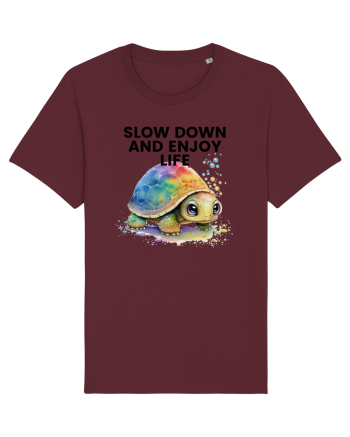 Broasca testoasa pictata in acuarela cu mesajul  Slow Down and Enjoy Life Burgundy