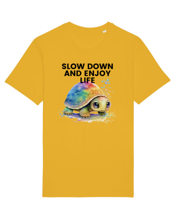 Broasca testoasa pictata in acuarela cu mesajul  Slow Down and Enjoy Life Spectra Yellow