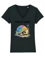 Broasca testoasa pictata in acuarela cu mesajul  Take it Easy Tricou mânecă scurtă guler V Damă Evoker