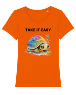 Broasca testoasa pictata in acuarela cu mesajul  Take it Easy Tricou mânecă scurtă guler larg fitted Damă Expresser