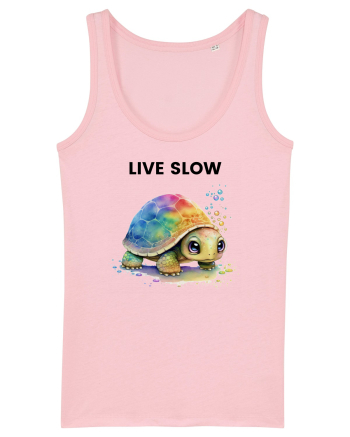Broasca testoasa pictata in acuarela cu mesajul Live Slow Cotton Pink