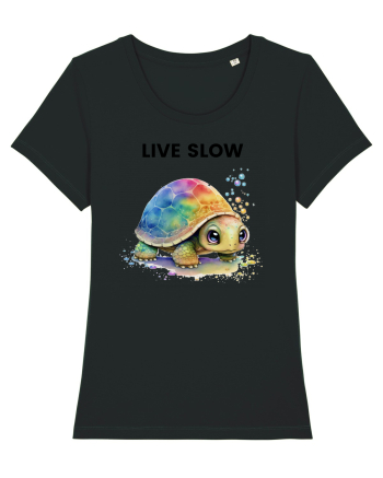 Broasca testoasa pictata in acuarela cu mesajul Live Slow Black