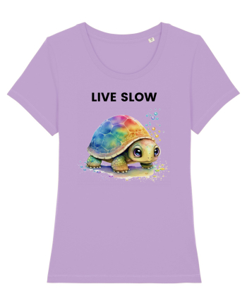 Broasca testoasa pictata in acuarela cu mesajul Live Slow Lavender Dawn