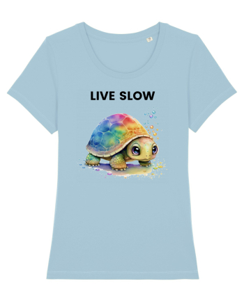 Broasca testoasa pictata in acuarela cu mesajul Live Slow Sky Blue