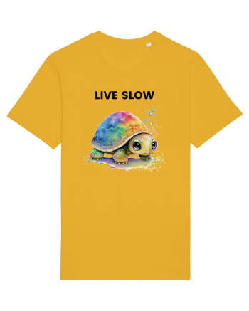 Broasca testoasa pictata in acuarela cu mesajul Live Slow Spectra Yellow
