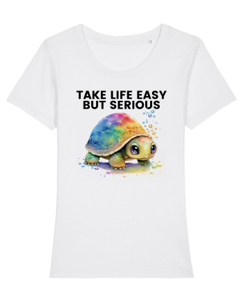 Broasca testoasa pictata in acuarela cu mesajul Take Life Easy but Serious White
