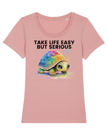 Broasca testoasa pictata in acuarela cu mesajul Take Life Easy but Serious Canyon Pink