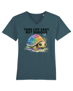Broasca testoasa pictata in acuarela cu mesajul Take Life Easy but Serious Tricou mânecă scurtă guler V Bărbat Presenter