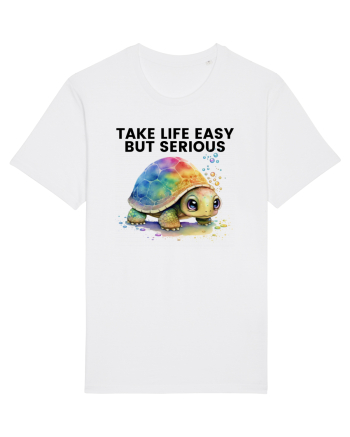 Broasca testoasa pictata in acuarela cu mesajul Take Life Easy but Serious White