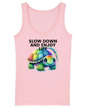 Broasca testoasa pictata in acuarela cu mesajul  Slow Down and Enjoy Life Cotton Pink