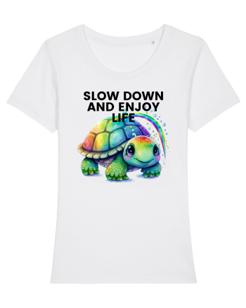 Broasca testoasa pictata in acuarela cu mesajul  Slow Down and Enjoy Life White