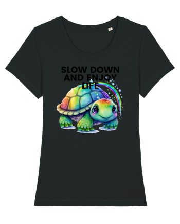Broasca testoasa pictata in acuarela cu mesajul  Slow Down and Enjoy Life Black