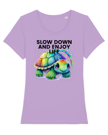 Broasca testoasa pictata in acuarela cu mesajul  Slow Down and Enjoy Life Lavender Dawn