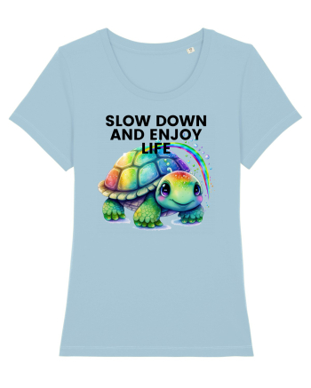 Broasca testoasa pictata in acuarela cu mesajul  Slow Down and Enjoy Life Sky Blue