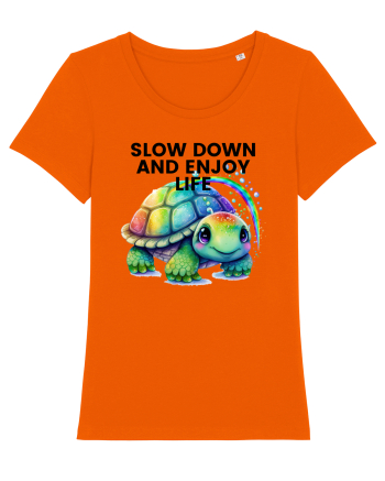 Broasca testoasa pictata in acuarela cu mesajul  Slow Down and Enjoy Life Bright Orange