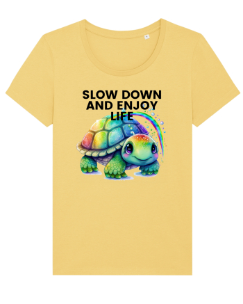 Broasca testoasa pictata in acuarela cu mesajul  Slow Down and Enjoy Life Jojoba