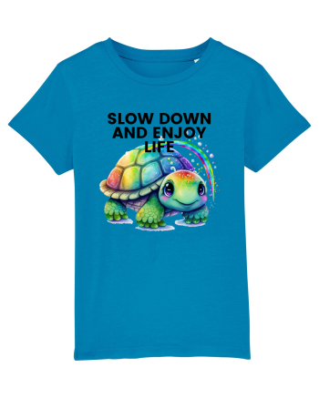 Broasca testoasa pictata in acuarela cu mesajul  Slow Down and Enjoy Life Azur