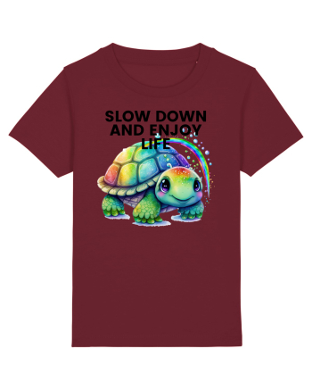 Broasca testoasa pictata in acuarela cu mesajul  Slow Down and Enjoy Life Burgundy