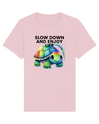 Broasca testoasa pictata in acuarela cu mesajul  Slow Down and Enjoy Life Cotton Pink