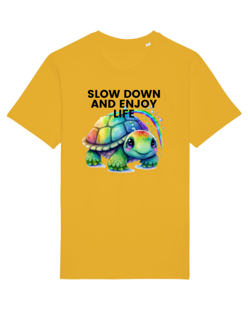 Broasca testoasa pictata in acuarela cu mesajul  Slow Down and Enjoy Life Spectra Yellow